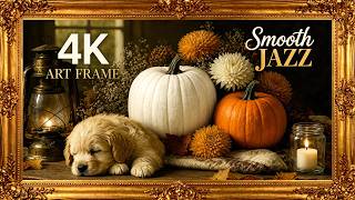 Cadre Photo Vintage D'automne en 4K | Chiot Mignon, Citrouilles et jazz doux screenshot 4