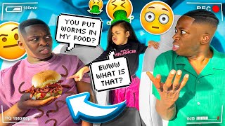 PUTTING WORMS IN MY FOOD THEN BLAMMING MY BOYFRIEND TO SEE HIS REACTION!!!