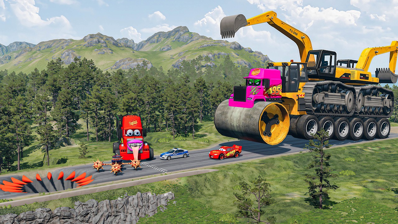 Giant CRUSHER DOZER Mack Truck Eater VS Cars Lightning McQueen & Police Car & spikes Beamng.Drive