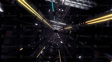 Flying through the digital futuristic dark tunnel, seamless loop. Animation. View inside of a