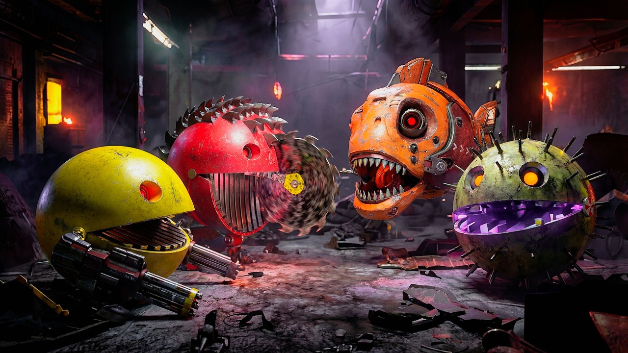 Pacman and Walking Robot Blade Battle Lava Robot Inside a Massive Moon Robot Labyrinth Adventure