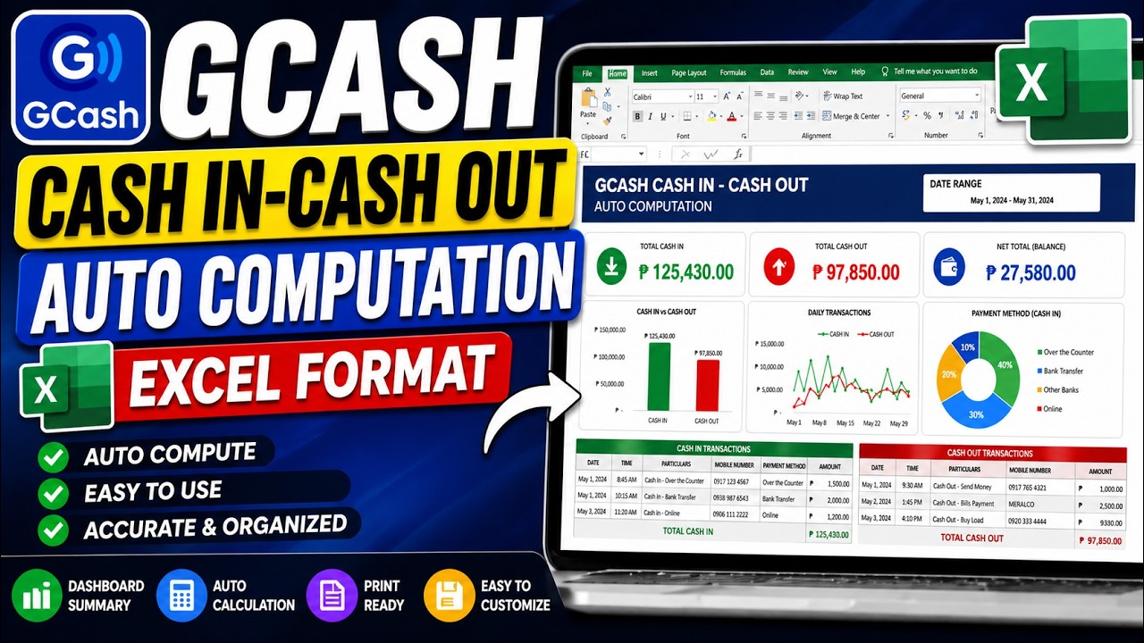 GCash Cash In-Cash Out AUTO COMPUTATION sa Excel Template - YouTube