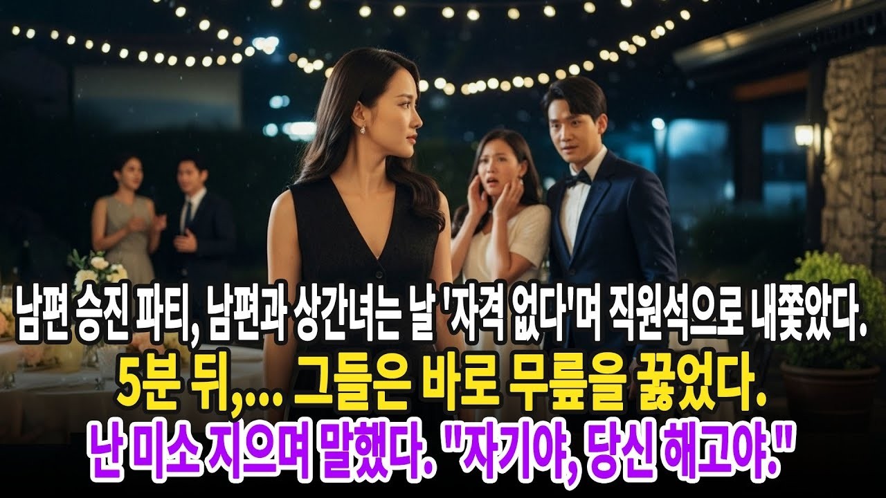 남편 승진 파티, 남편과 상간녀는 날 '자격 없다'며 직원석으로 내쫓았다  5분 뒤,    그들은 바로 무릎을 꿇었다 난 미소 지으며 말했다  '자기야, 당신 해고야 '