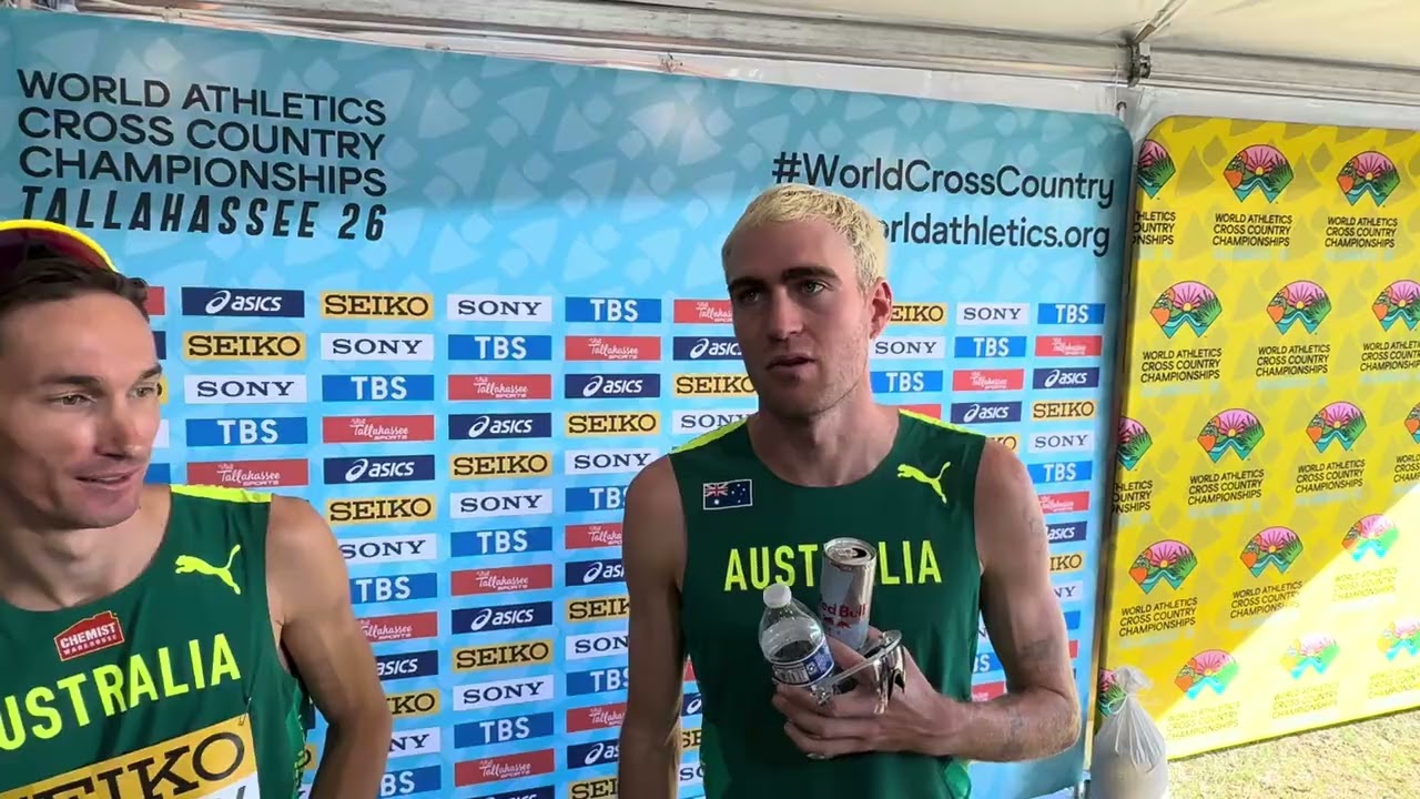 Ollie Hoare and Jack Anstey after Australia’s win in the 4 x 2k relay at World Cross Country Champs 