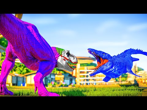 Joker T-Rex vs Mosasaurus, Brachiosaurus Color Pack Dinosaurs Fighting in Jurassic World Evolution