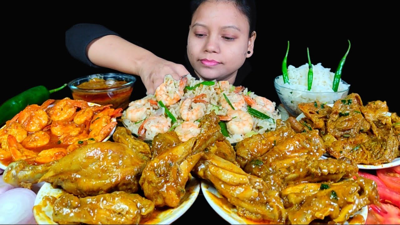 ASMR EATING PRAWNS FRIED RICE, CHICKEN CURRY & MUTTON INNARDS | CHICKEN CURRY WITH RICE | MUKBANG