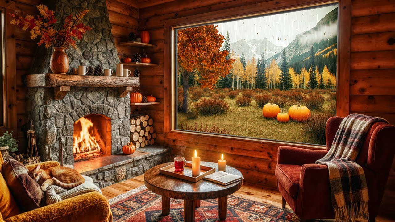 Cozy Autumn Cabin Ambience – Soothing Rain & Crackling Fireplace - YouTube
