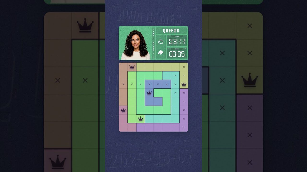 LinkedIn Queens #311 solved board for March 7, 2025, 8x8 grid