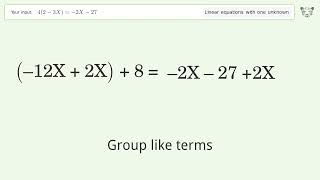 Linear equation with one unknown: Solve 4(2-3X)=-2X-27 step-by-step solution
