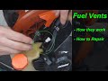 2 cycle engine bogs  chokes out  fuel tank vents  how they work  how to fix them