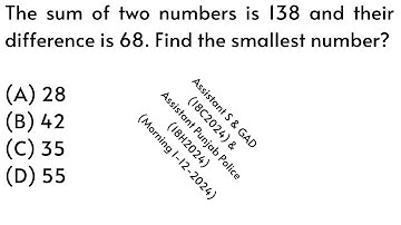 The sum of two numbers is 138 and their difference is 68. Find the smallest |PPSC |Math |Urdu/Hindi
