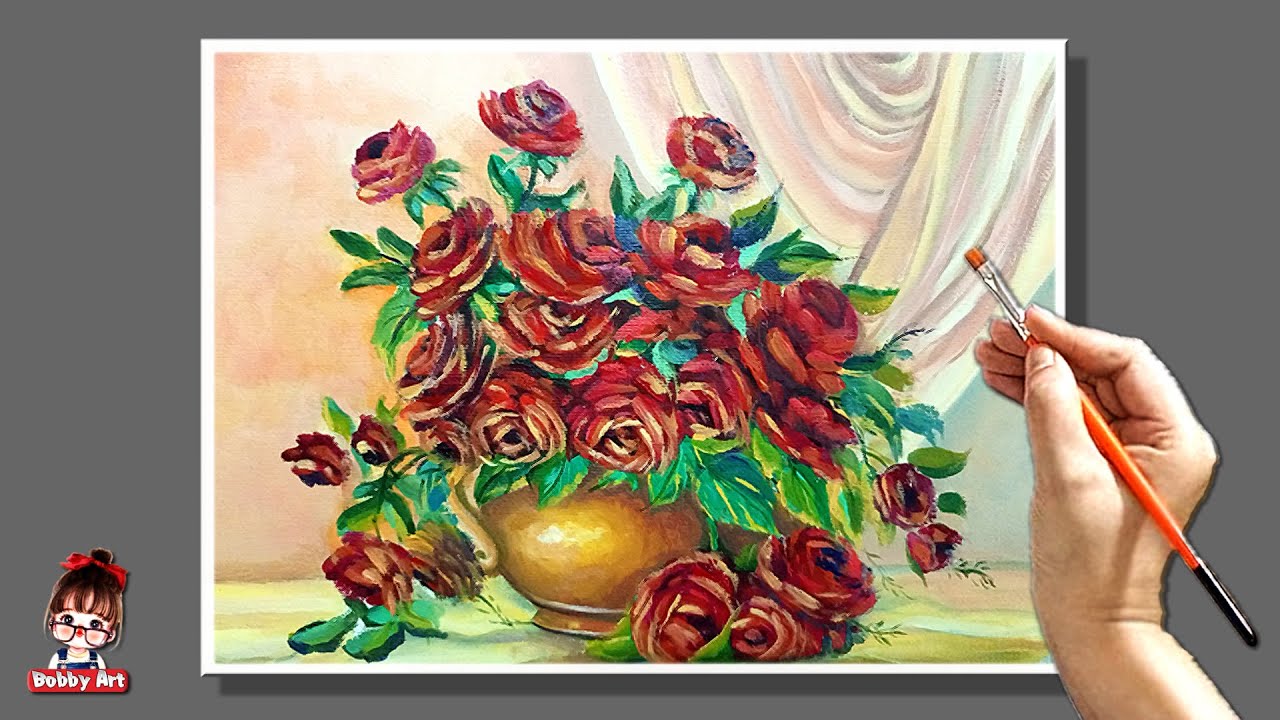 acrylic painting of red roses | flower vase painting - YouTube