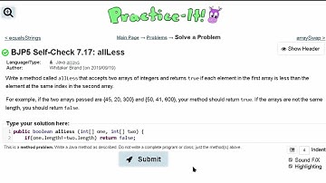 Java Practice It   |   Self-Check 7.17: allLess   |   arrays, syntax, array basics