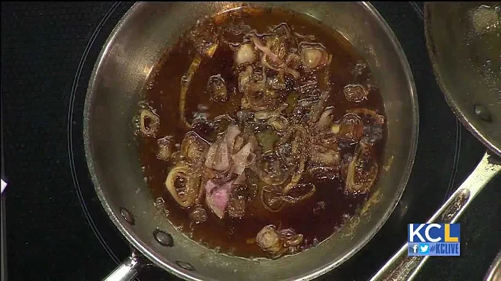 Making a sweet and sour shallot sauce over lamb ch...