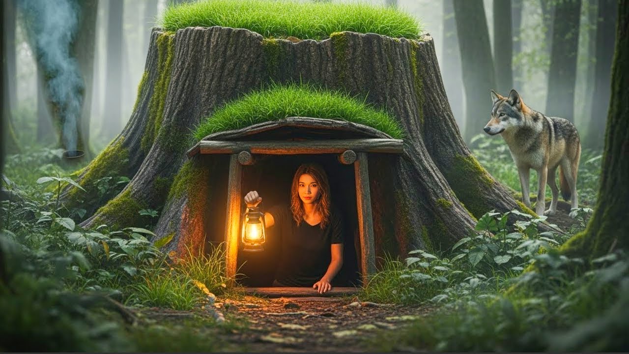 Beautiful Girl Building a Hidden Dugout Under a Stump. Warm secret shelter