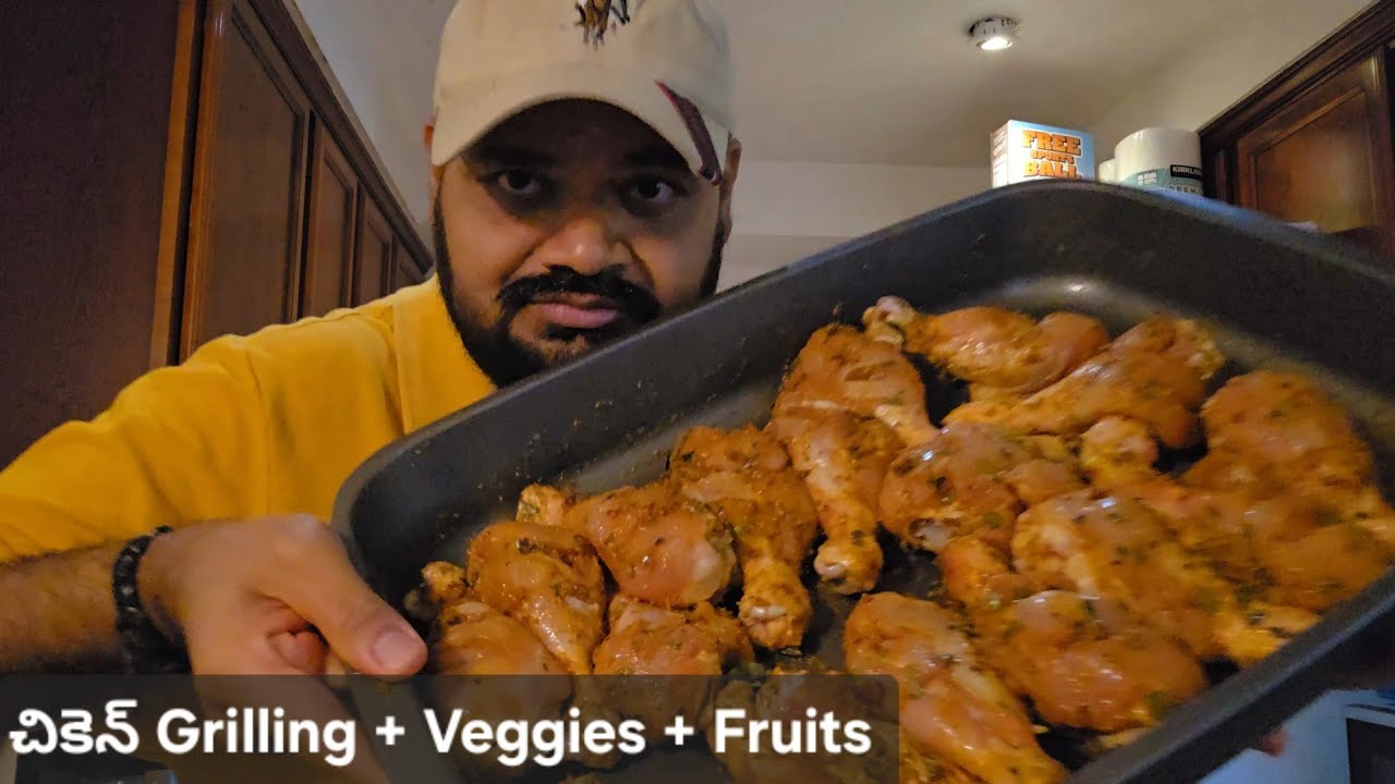 Chicken Legs Grilling with fruits and veggies, homemade మసాలా చికెన్ గ్రిల్ telugu food vlogs