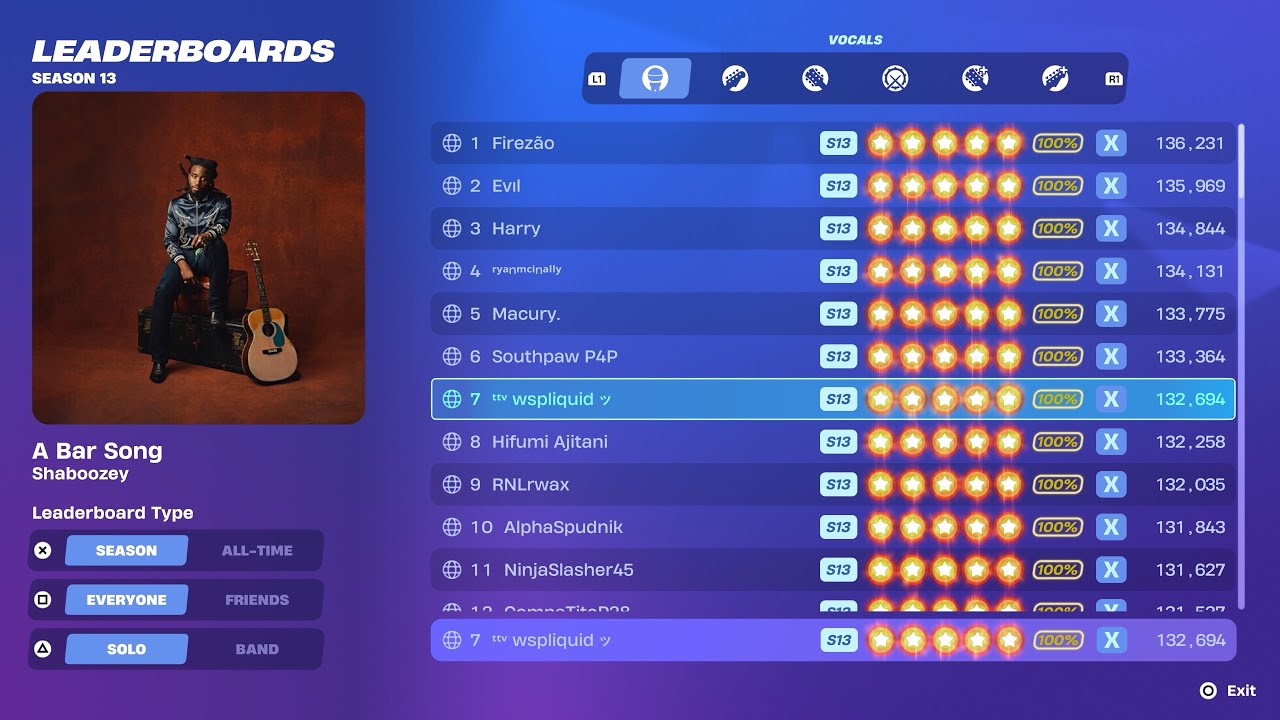 Fortnite Festival S13 ( TOP 7 ) Shaboozey - A Bar Song Expert Vocals 100% FC 