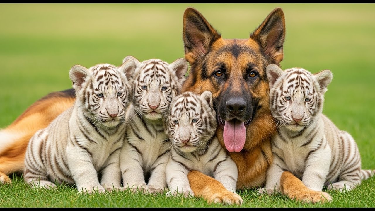 GERMAN SHEPHERD RAISED 4 WHITE TIGER CUBS—BUT DID SOMETHING SHOCKING WHEN THEY GREW UP!