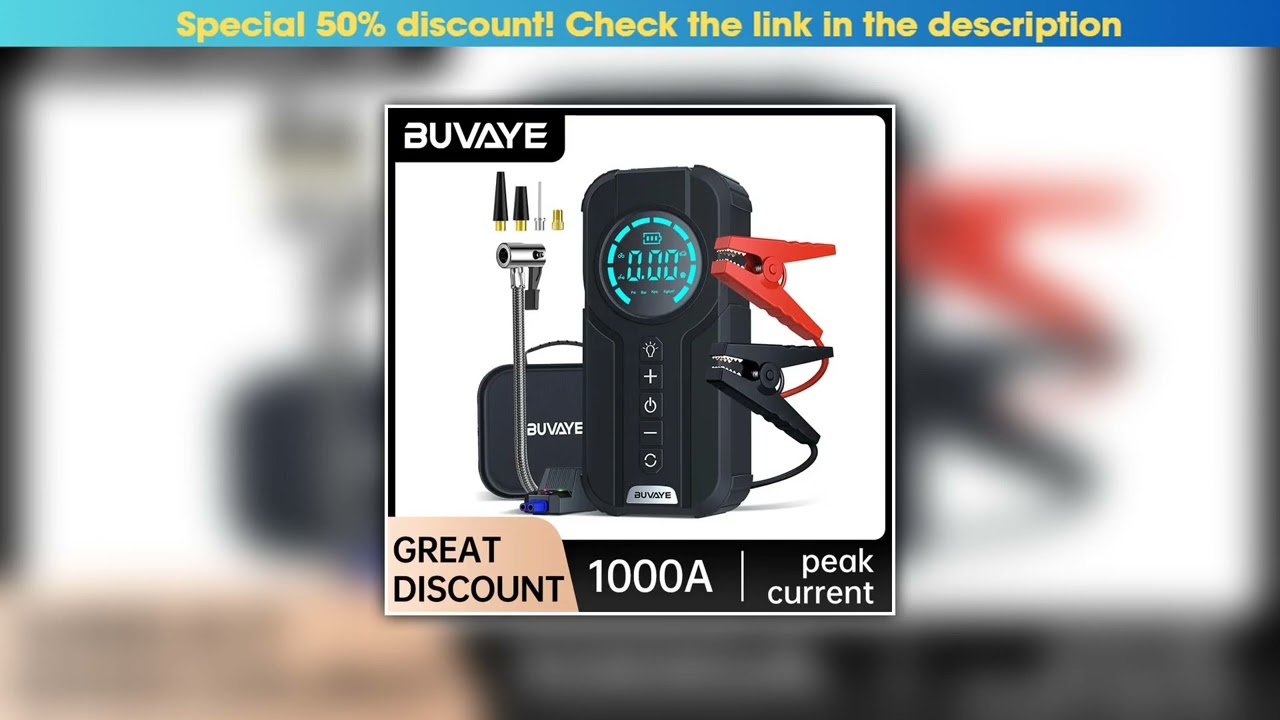 Limited BUVAYE Portable Car Battery Starter Power Bank 150PSI Air Pump 12V Jumper Car Starter Power