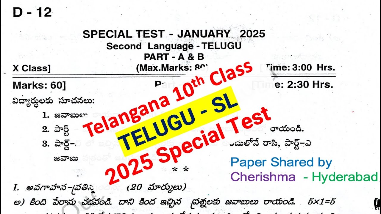10th class Special Test Telugu SL 2024- 2025 question paper Telangana ...