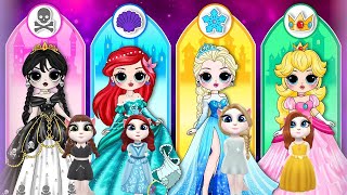 Frozen of Elsa vs Ariel Mermaid vs wednesday vs princess Peach. My Talking Angela 2 cosplay battle.