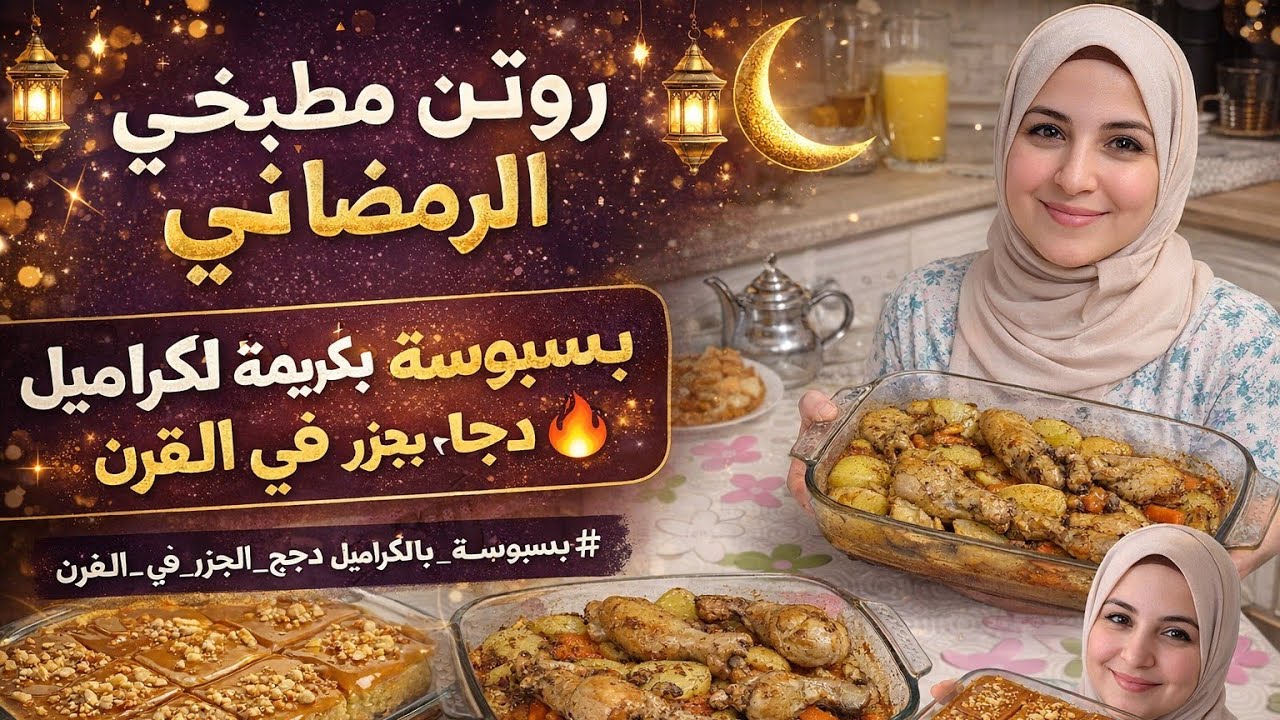 روتين مطبخي الرمضاني 🌙✨ بسبوسة بكريمة الكراميل + دجاج  بالخضار في الفرن كيجي رائع😋🔥
