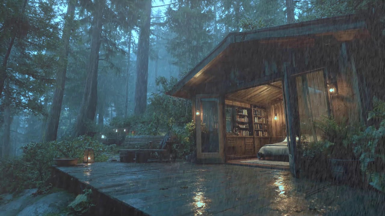 Heavy Rain on Wooden Deck in Forest Cabin | Soothing Rain Sounds for Sleeping
