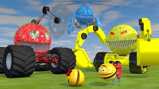 Pacman vs Circular Saw Monster Truck Robot and Excavator-Arm Robot