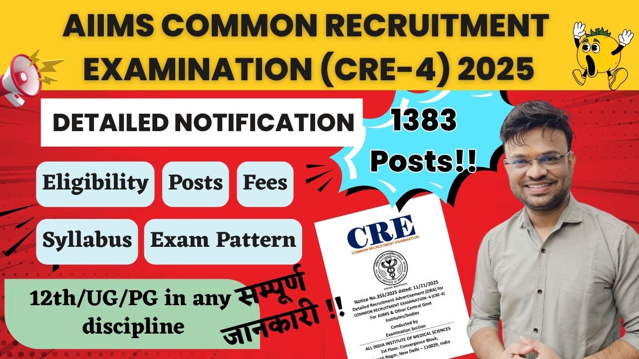 AIIMS CRE-4 Recruitment 2025 🔥 | 1383 Posts | 12th/UG/PG Eligible | Syllabus, Fees & Pattern