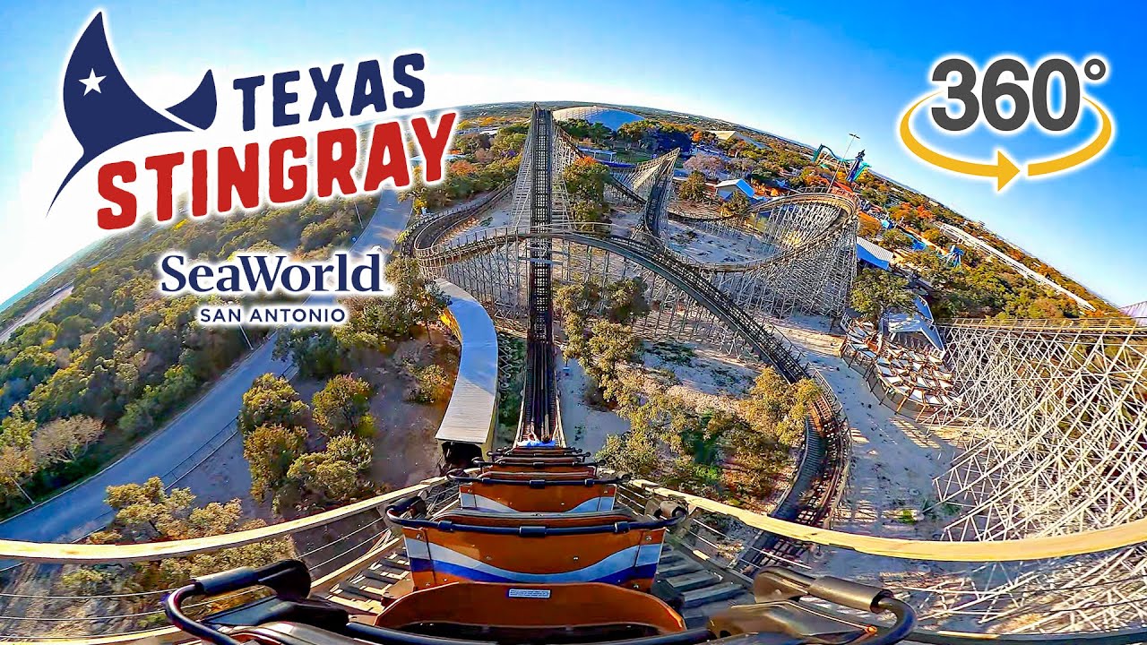 VR 360 Texas Stingray Roller Coaster On Ride Back Row POV SeaWorld