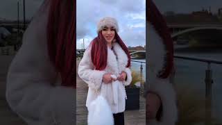 Battersea, London, video walk white fur coat, winter fashion style, modelling 2025