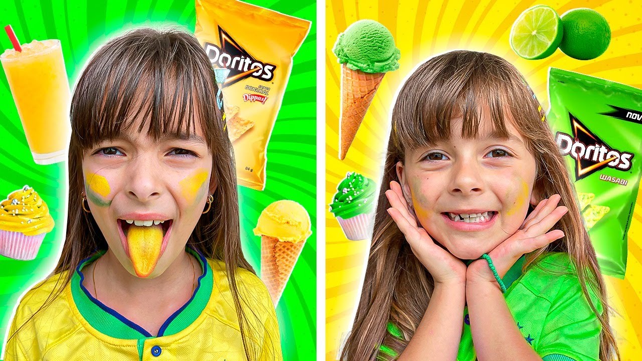 COMENDO TUDO VERDE E AMARELO POR UM DIA INTEIRO NA COPA 😱 JÉSSICA GODAR, LAURINHA E HELENA E GABRI