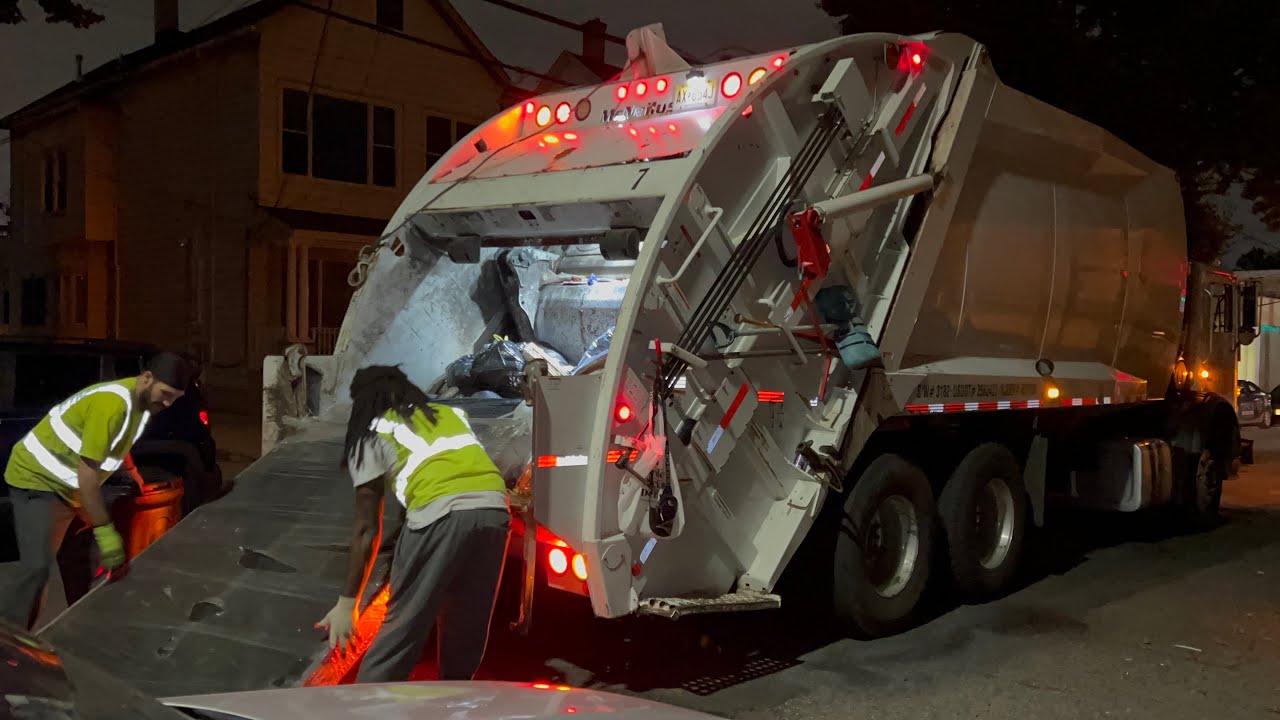 Mack Garbage Truck Packing Heavy Night Trash