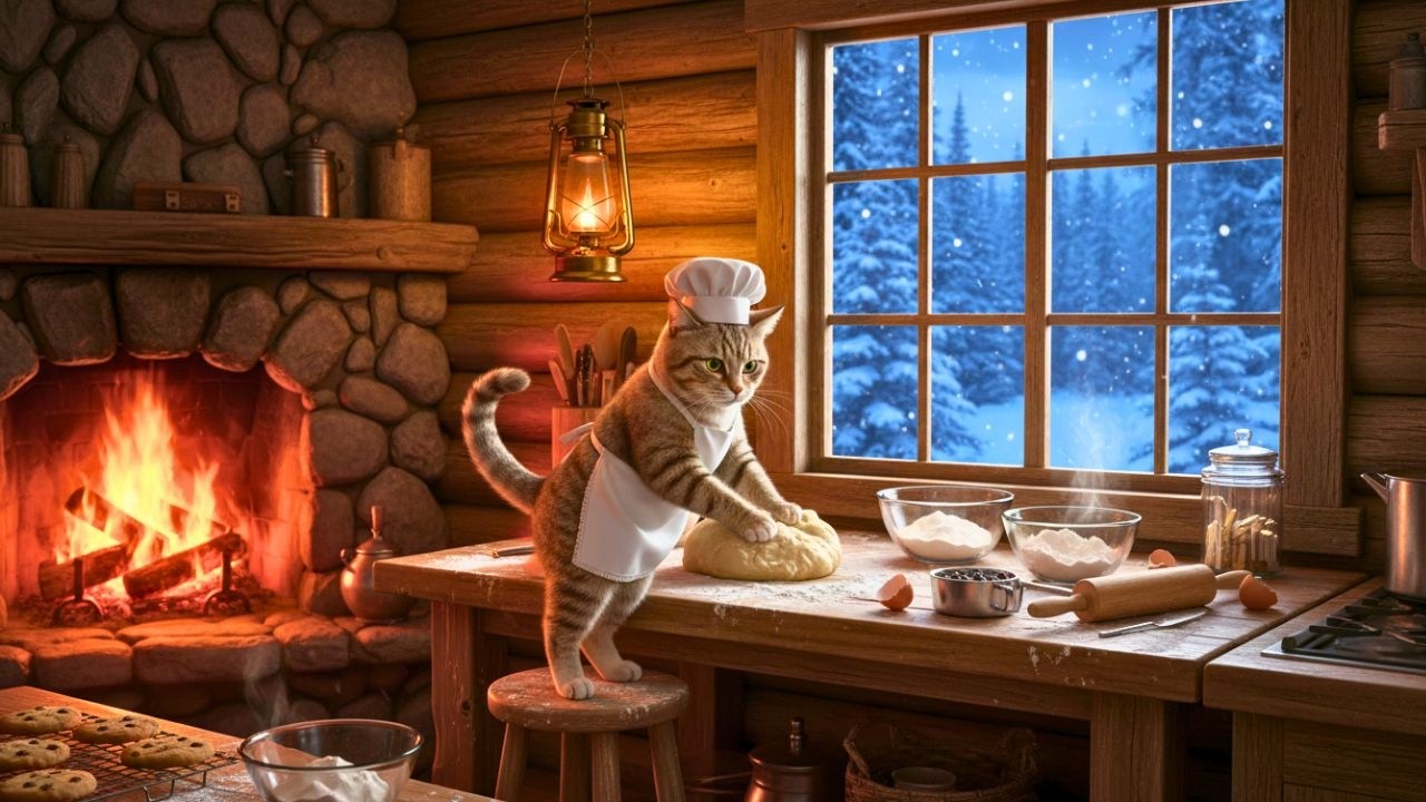 Baking by the Fireside 😸Soft Piano, Fireplace Glow & Snowfall Sounds for Peaceful Sleep & Relaxation
