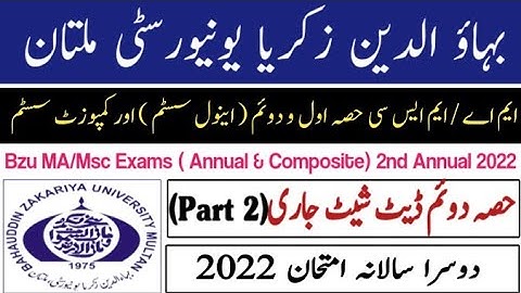 BZU MA/MSC Date Sheet for Part 2 | 2nd Annual 2022 Exams Date Sheet
