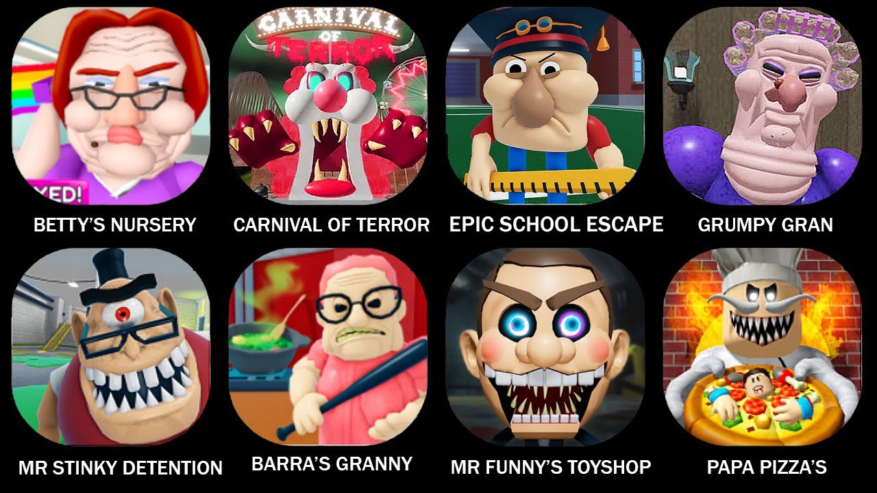 ROBLOX: BETTY'S NURSERY OBBY, ESCAPE THE CARNIVAL OF TERROR OBBY, EPIC SCHOOL ESCAPE, GRUMPY GRAN