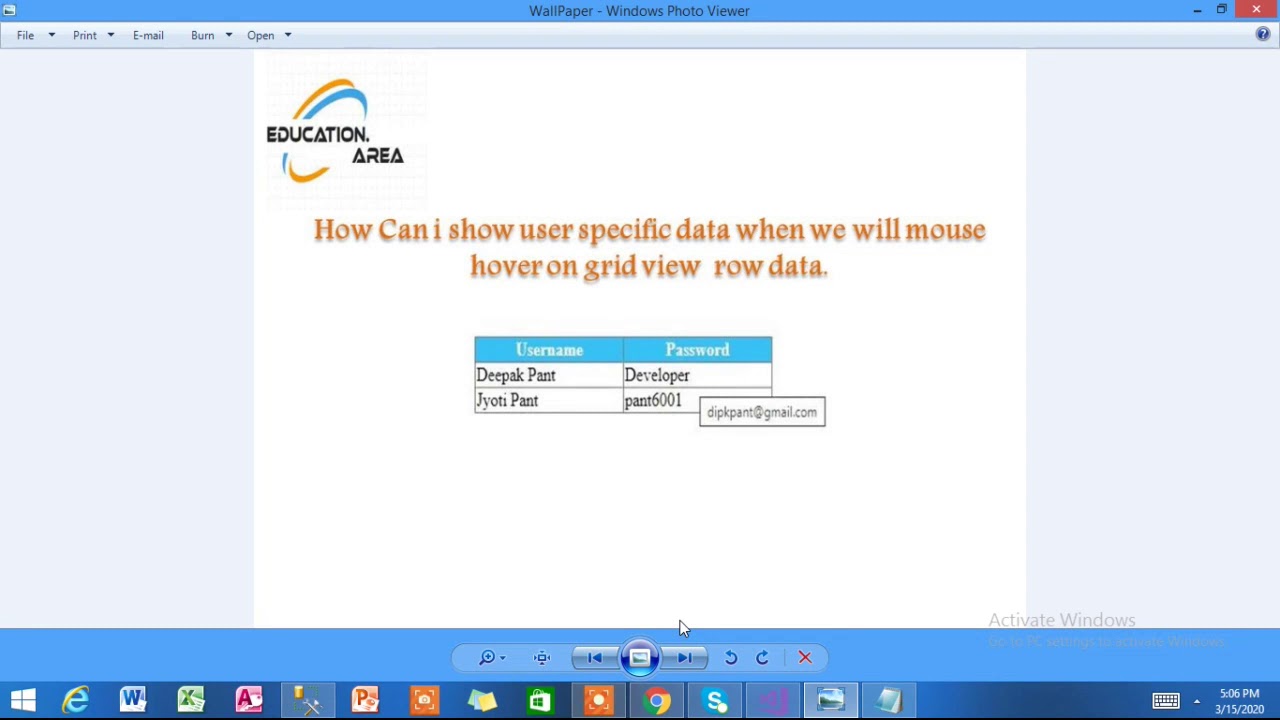 How can i show user specific data when we will mouse hover on grid view ...