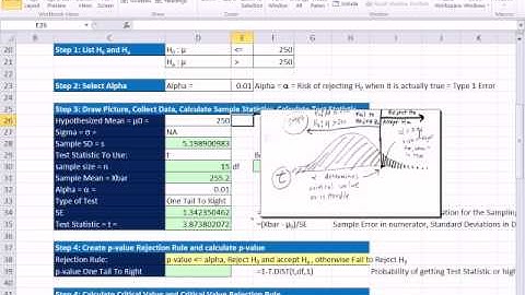 Excel 2010 Statistics 82: 1 Tail Right t Distribution Mean Hypothesis Testing P-value Critical Value