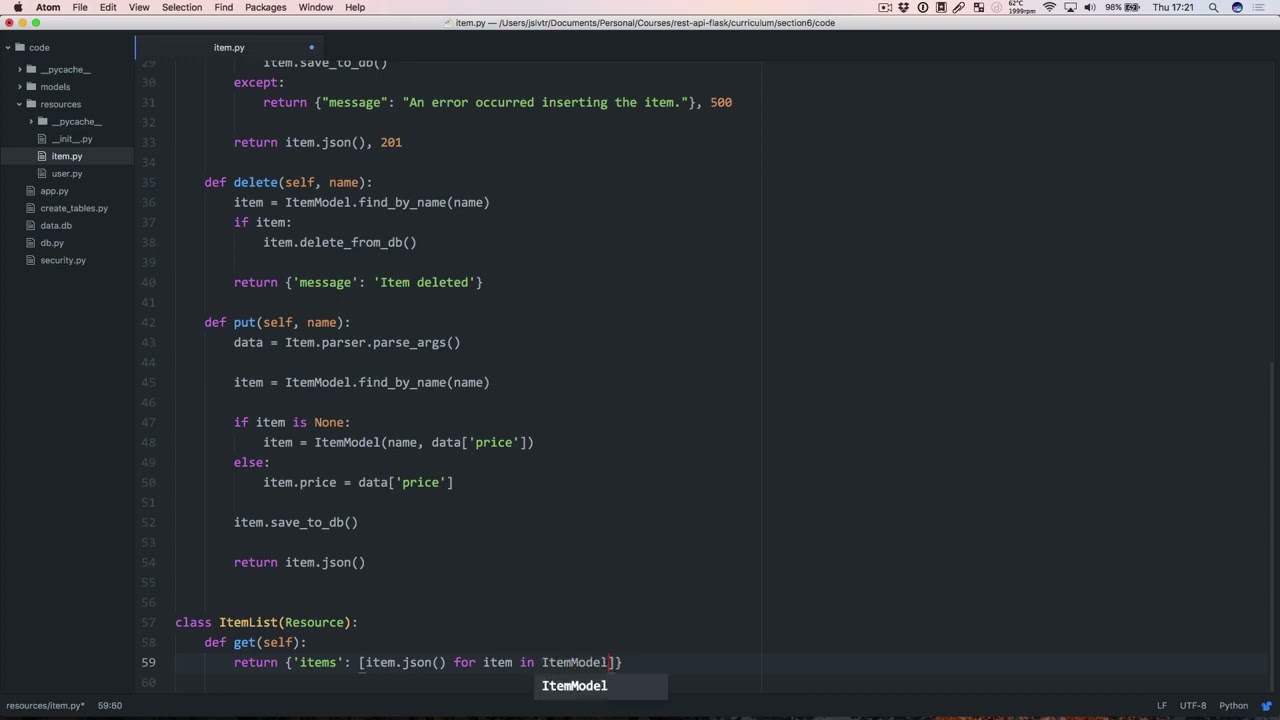 11. Easily displaying the ItemList resource with SQLAlchemy. 