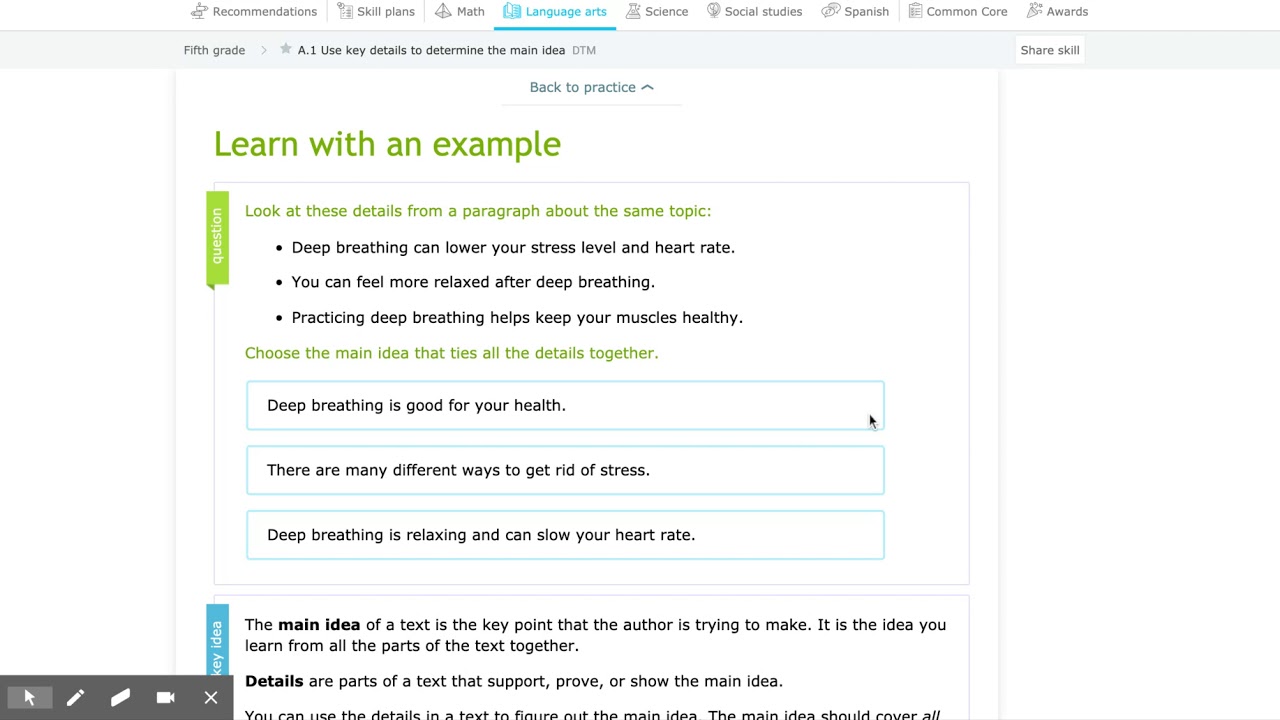 IXL | Use key details to determine the main idea | 5th grade language