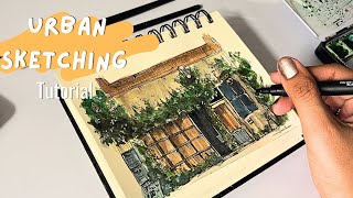 URBAN SKETCHING Tutorial | Cozy Cafe Sketch with Ink & Watercolour