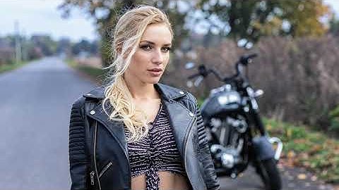 Striking 3D effect on a blonde model in leather by her motorcycle #DepthEffect #MotoMood