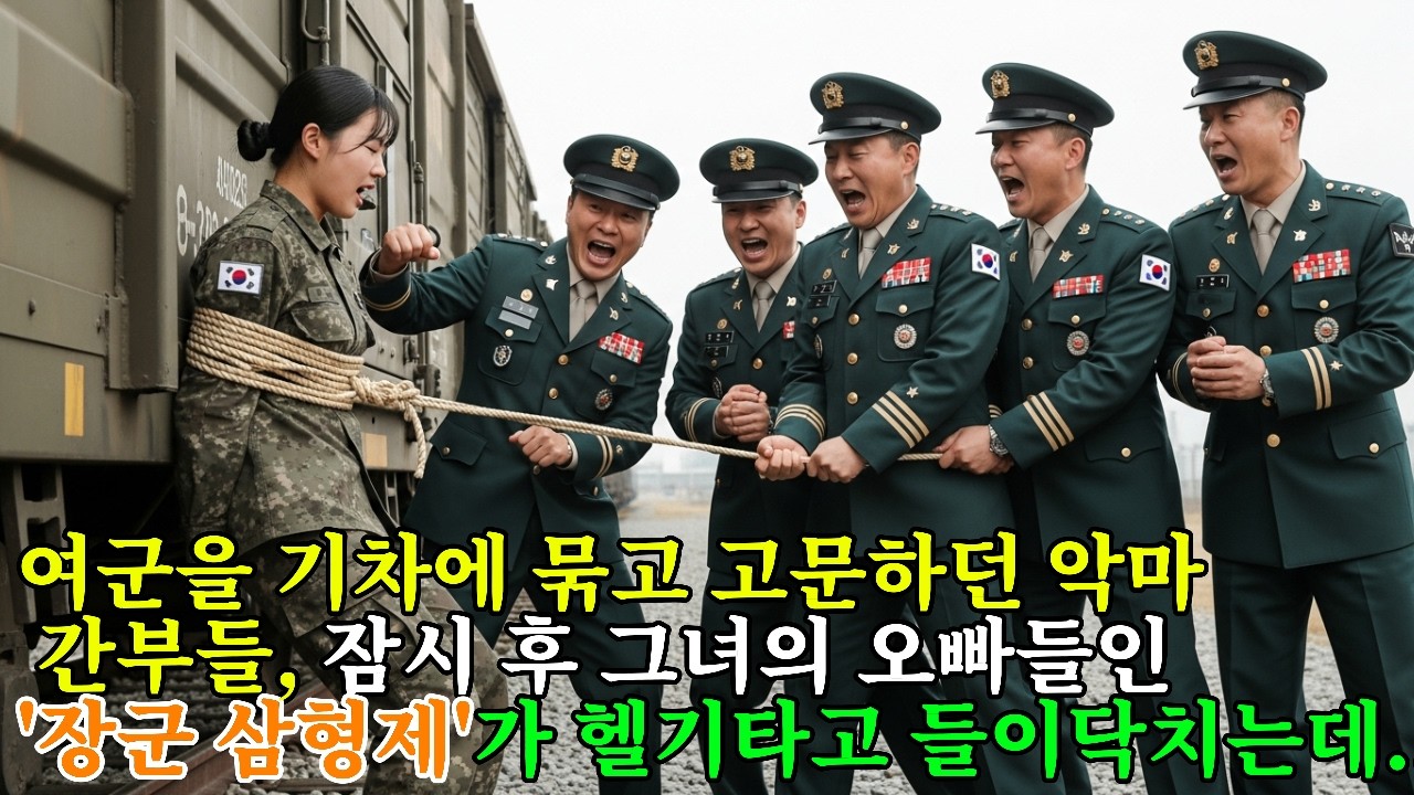 여군을 기차에 묶고 고문하던 악마 간부들, 잠시 후 그녀의 오빠들인 '장군 삼형제'가 헬기타고 들이닥치는데