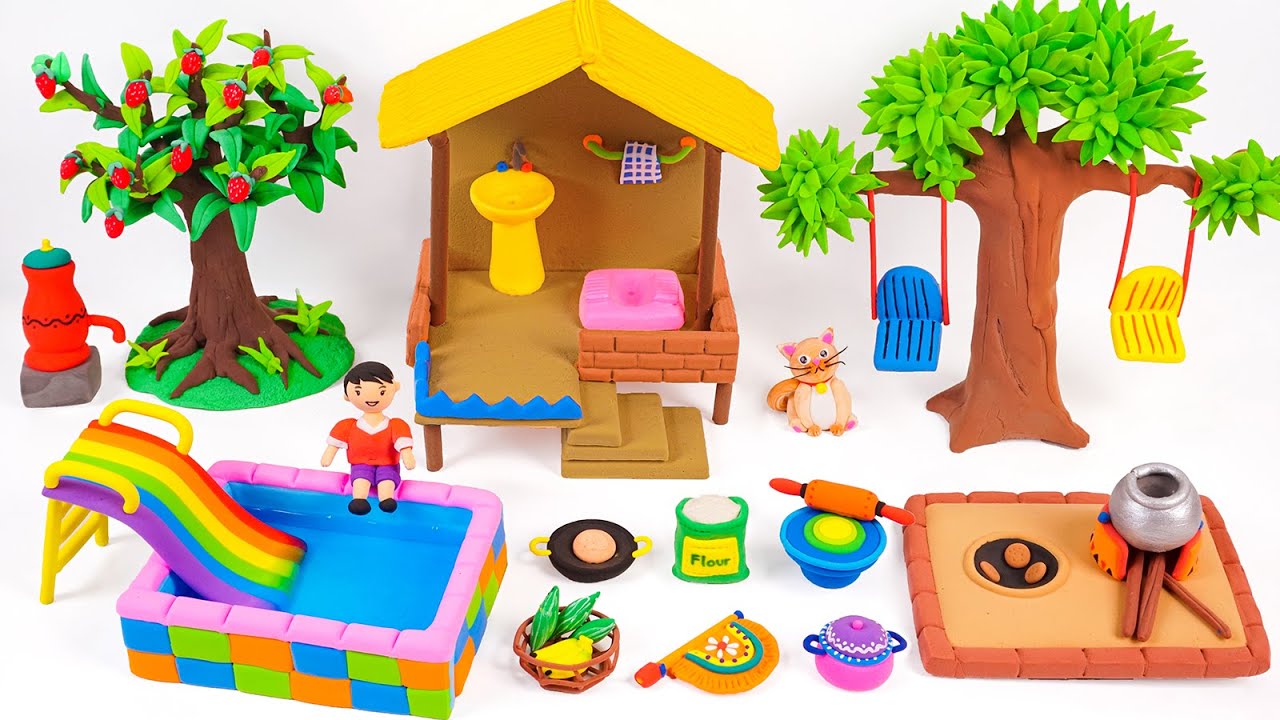 ️ Easy To Build Miniature Clay House with Washroom, Mini Slide and Pool