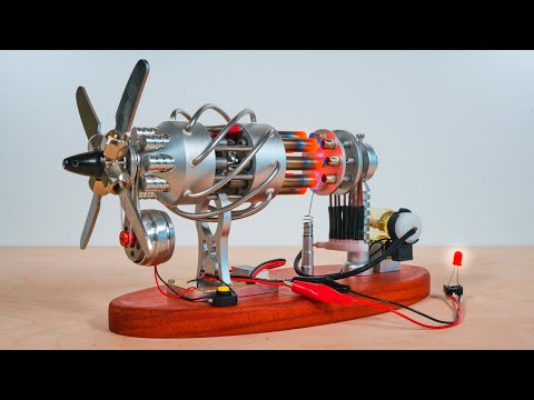 16 Cylinder Swash Plate Stirling Engine Generator Model with LED and Voltage Digital Display Meter.