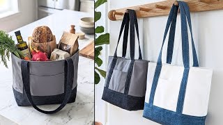 🌿DIY Classic Denim & Plain (Viral Trader Joe's Bag Inspired) Tote Bag From Old Jeans & Old Bedsheet🌱