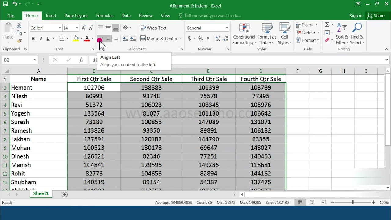 MS Excel 2016 Tutorial in Hindi - Using Text Alignment & Indent Options(Video 8)