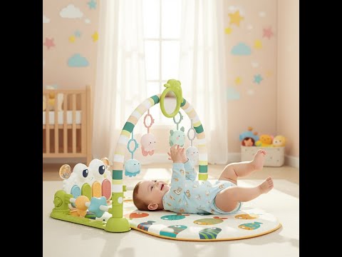 Дитячий інтерактивний килимок із підвісками для розвитку малюка ігровий музичний світло звук піаніно брязкальця, видео 1