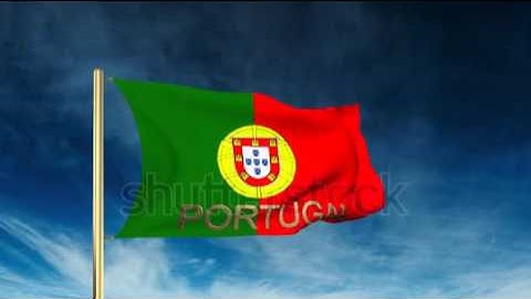 Portugal flag slider style with title. Waving in the wind with cloud background animation Stock