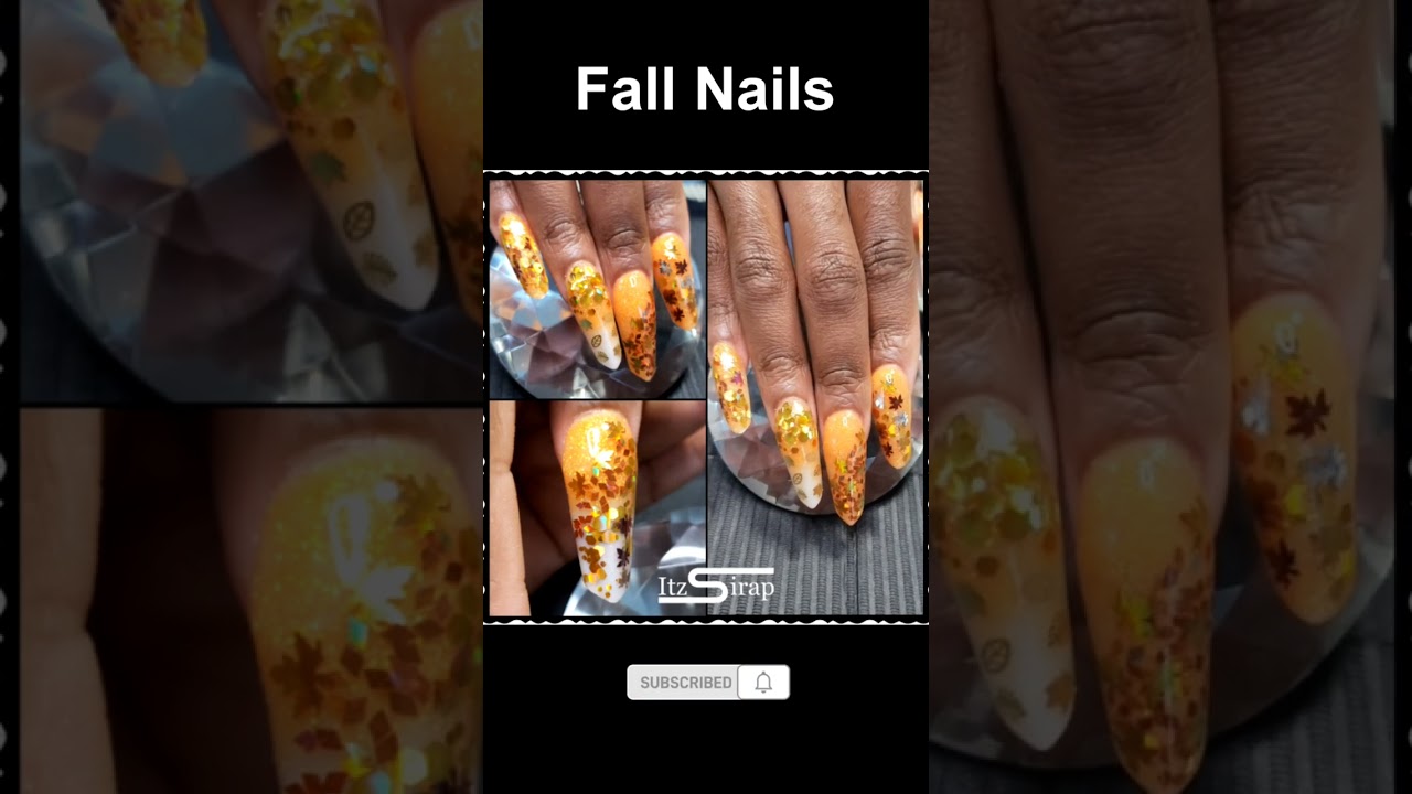 Maple Leaves & Glitter Orange Ombre Encapsulated Fall Nails | Edge Shape Nails | Itz Sirap